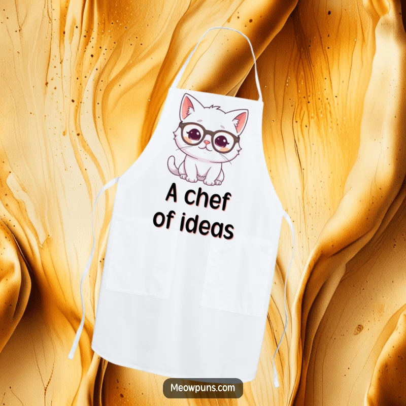 Funny white cat wearing glasses and looking thoughtful, on a cooking apron, adding a sophisticated and humorous touch.