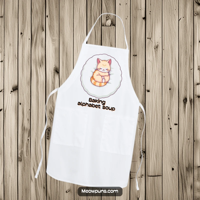 Funny apron depicting a cat curled up on a plush letter, purring contentedly, ideal for a cook who loves cozy themes.