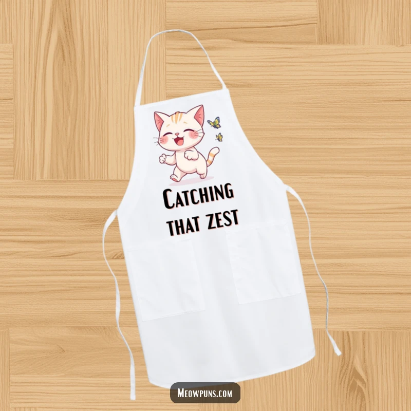 Funny cat apron featuring a cute cat joyfully chasing a tiny, animated butterfly, perfect for culinary adventures.