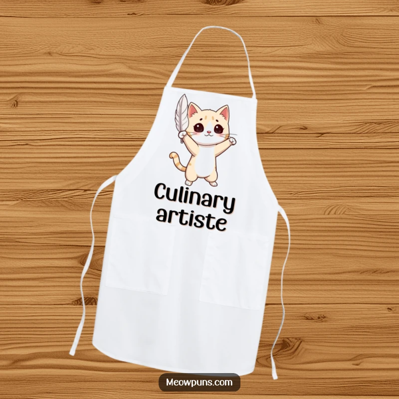 Funny Cat Apron: Stylish illustration of a cat in a dramatic pose with a floating feather, perfect for the elegant cook.