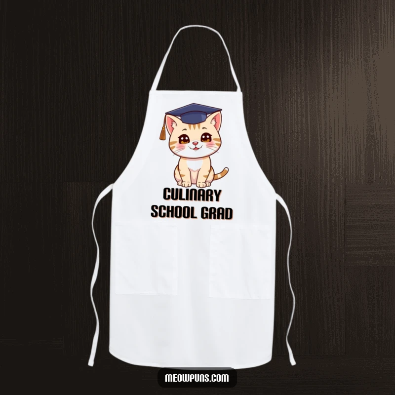 Funny apron depicting a cat wearing a graduation cap and throwing it up, perfect for funny celebrations.