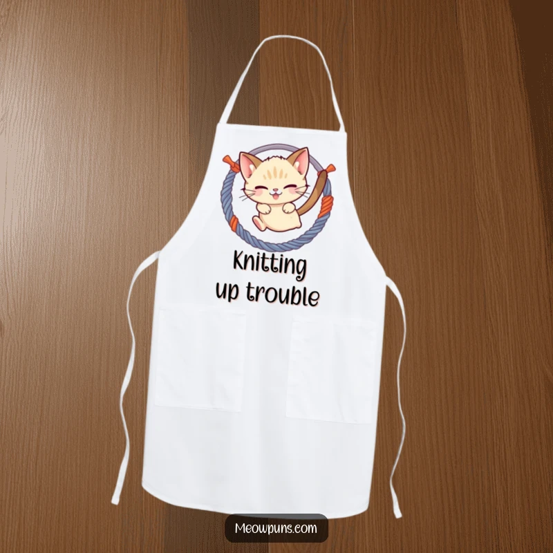Funny mischievous Siamese cat jumping through a hoop of yarn, on a cooking apron, adding a playful and athletic touch.