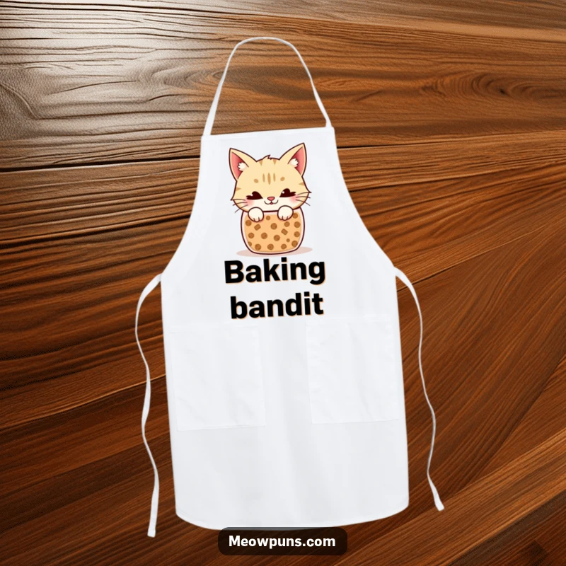 Funny Cat Apron: Cute illustration of a cat with a mischievous expression emerging from a cookie jar, ready for baking.