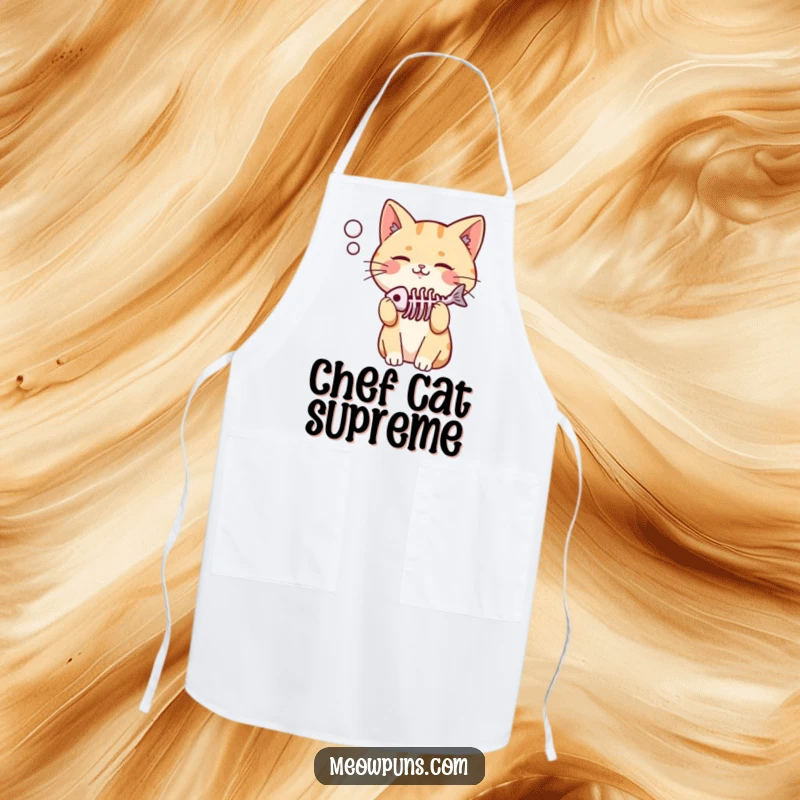 Funny apron showing a cute, pleased cat with a fish skeleton in its thought bubble, ideal for kitchen fun and protection.
