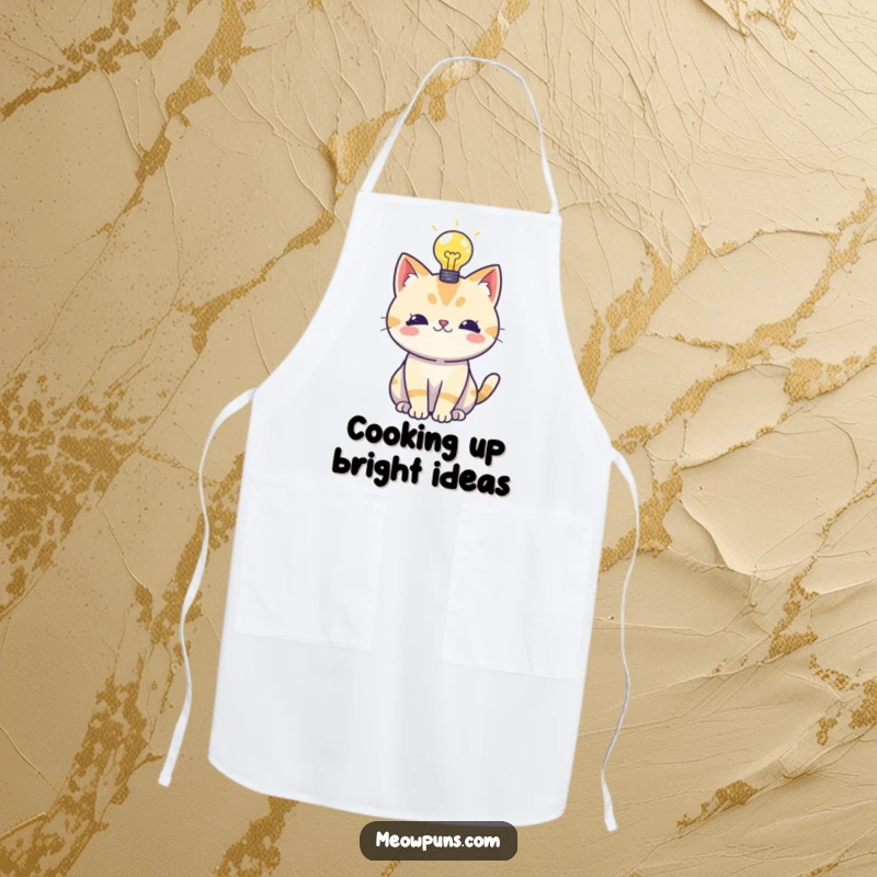 Funny apron depicting a cat with a lightbulb, ideal for chefs and home cooks who enjoy humor while they create.