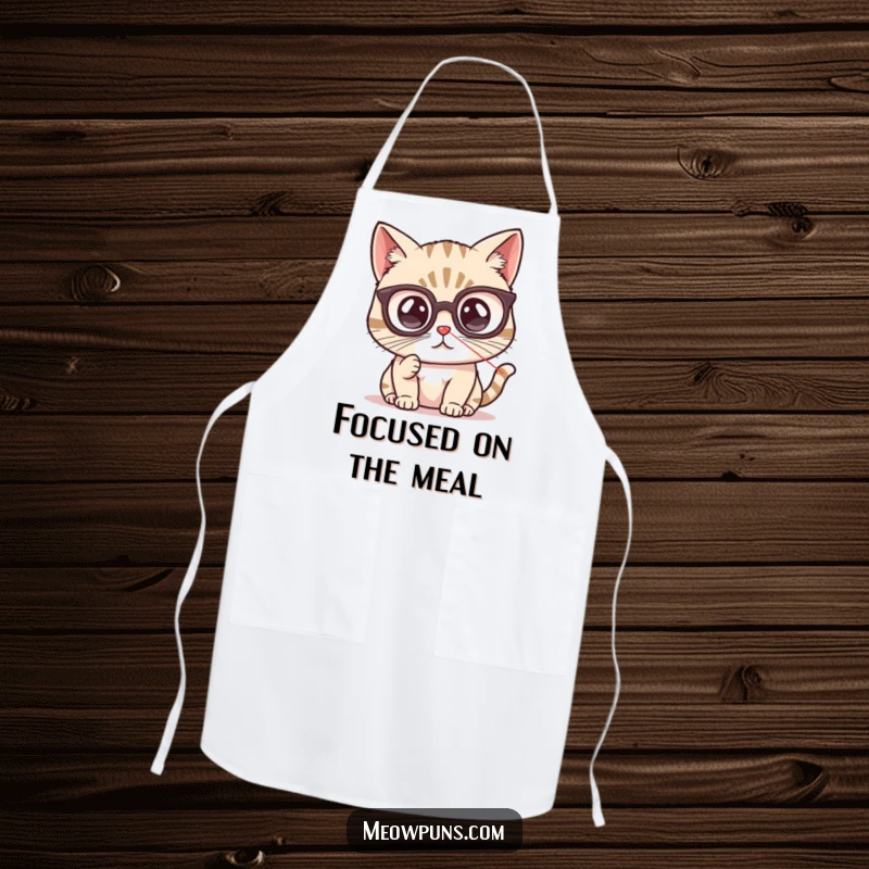 Funny cat apron featuring a cute cat with tiny spectacles, intensely focused on a red laser pointer dot, perfect for cooking.