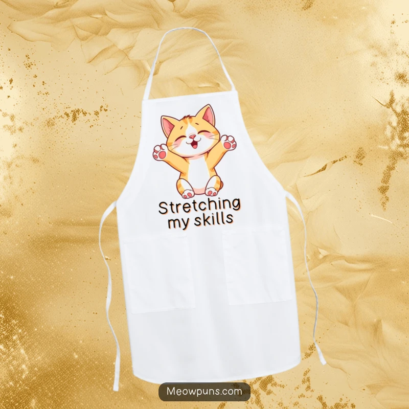 Funny Cat Stretching Apron, showcasing a cute cat with paws up, ready for kitchen fun and adding humor to cooking attire.