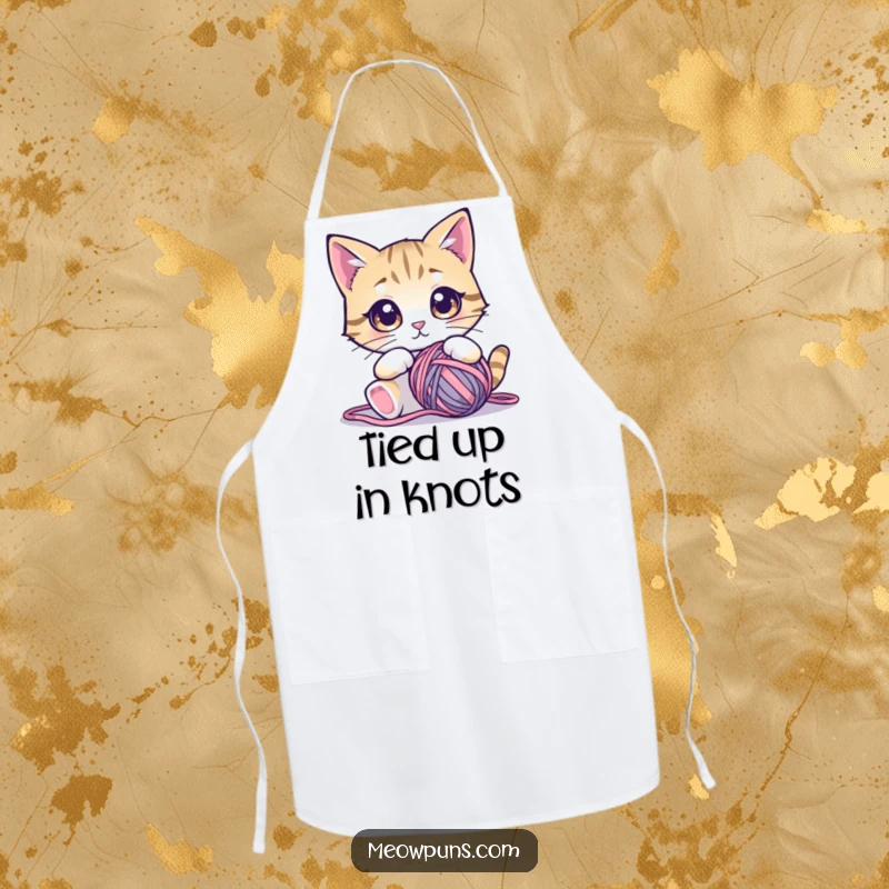 Funny cat apron showing a cute cat with large, mesmerized eyes staring at a ball of yarn, perfect for crafting.