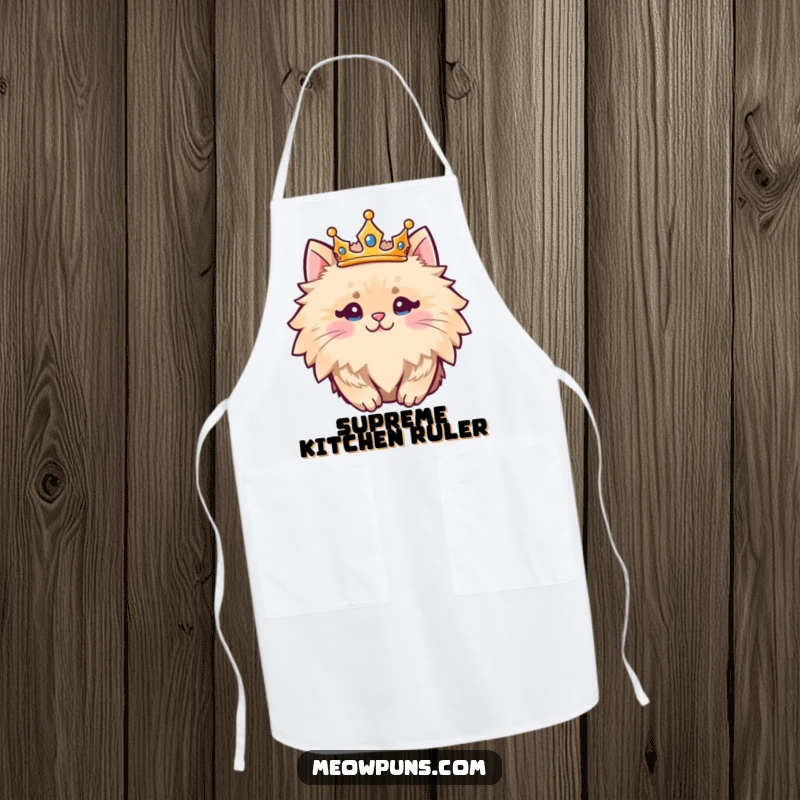 Funny fluffy cat character wearing a crown, featured on a functional apron for a humorous and regal cooking experience.