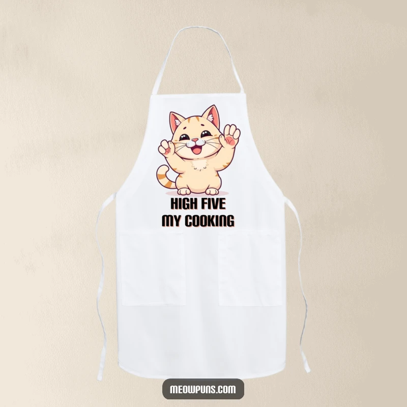 Funny High Five Cat Apron: A cat gives a high five, a humorous and practical kitchen accessory.