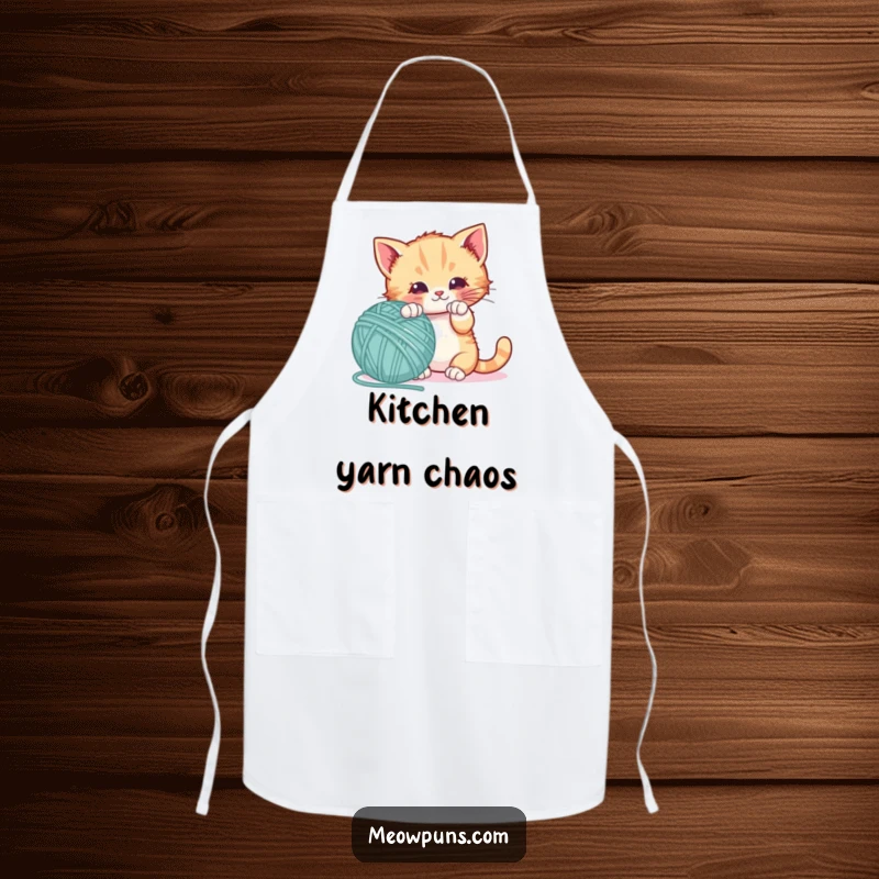 Funny apron showing a playful kitten batting a giant letter-shaped yarn ball, ideal for kitchen fun and protection.