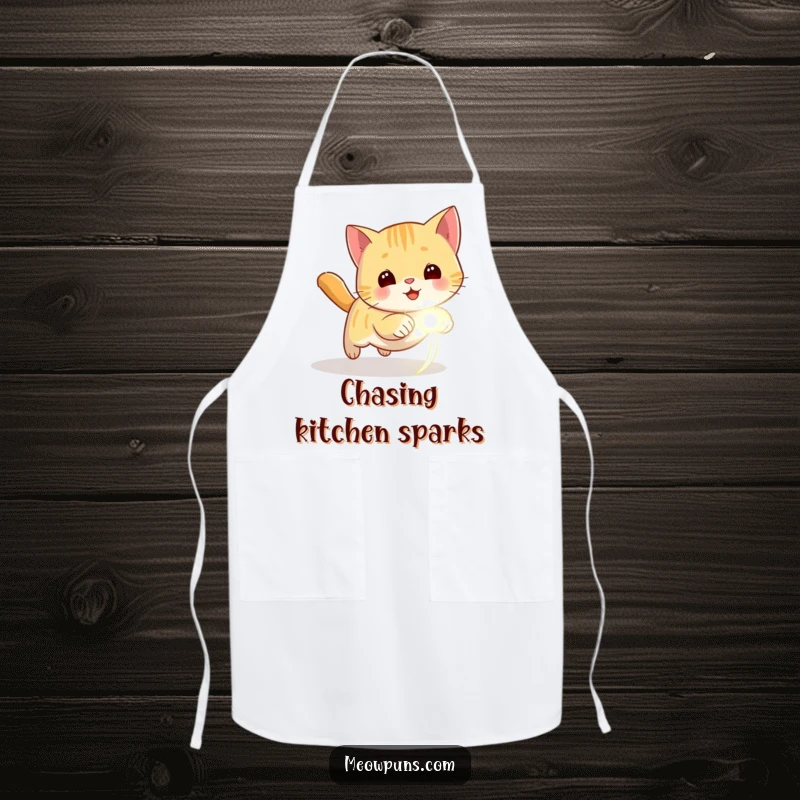 Funny apron with a cat chasing a laser dot, ideal for humorous kitchen use by playful cooks.