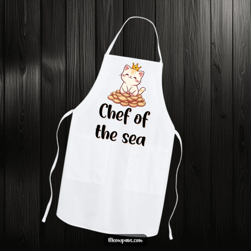 Funny apron depicting a cat in a crown sitting on fish-shaped coins, ideal for a cook who loves feline royalty.
