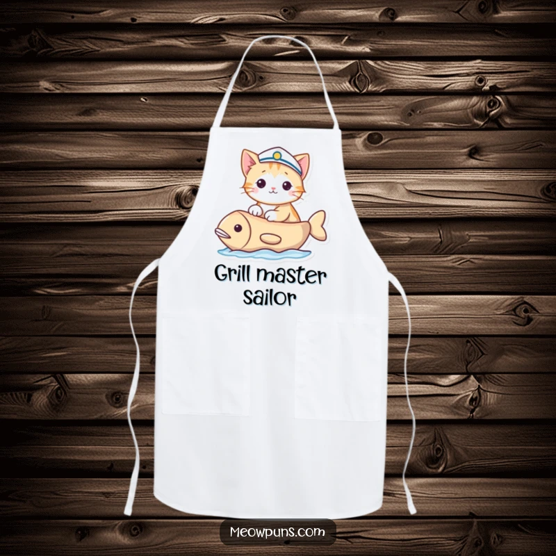 Funny apron depicting a cat in a sailor hat sailing a fish-shaped boat, ideal for a cook who loves nautical themes.