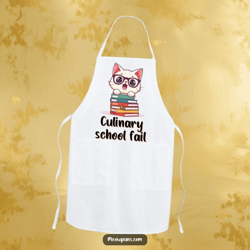 Funny apron showing a surprised cat wearing glasses and tumbling books, ideal for kitchen protection with academic humor.