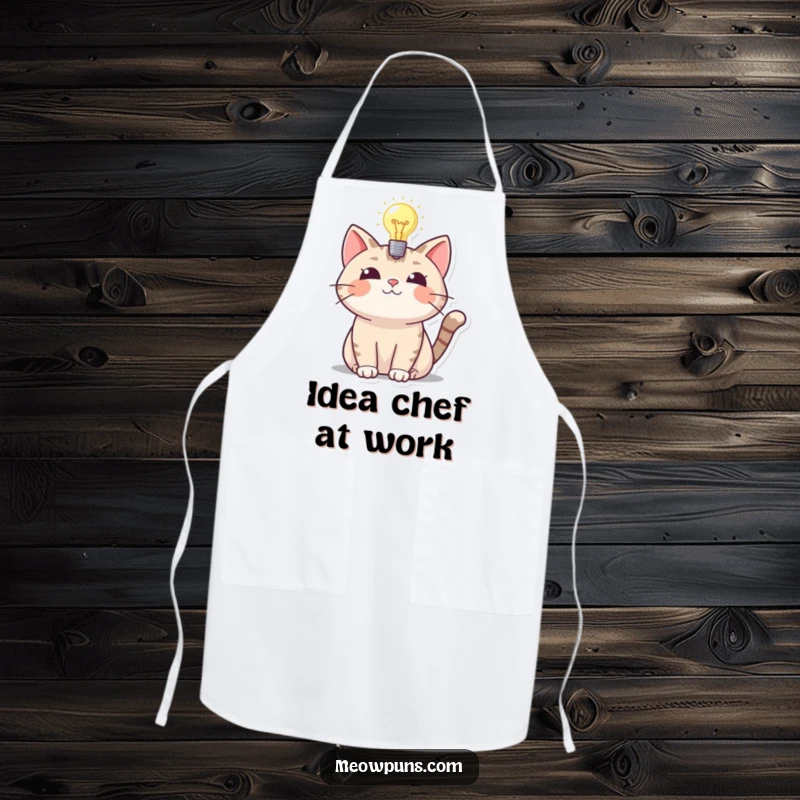 Funny apron showing a cat with a glowing lightbulb above its head, perfect for funny kitchen adventures.