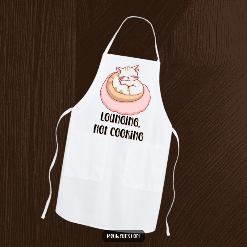 Funny cat apron featuring a content cat curled up on a plush letter, making cooking a peaceful and enjoyable activity.