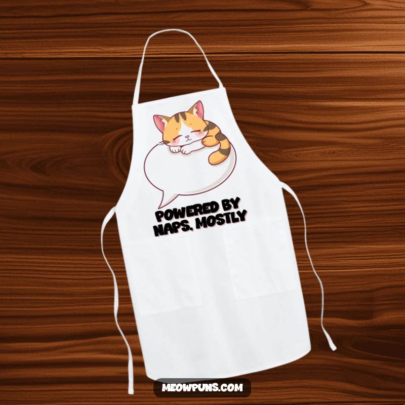 Funny Calico Cat Apron, a content cat naps on a speech bubble, perfect for humorous kitchen activities.