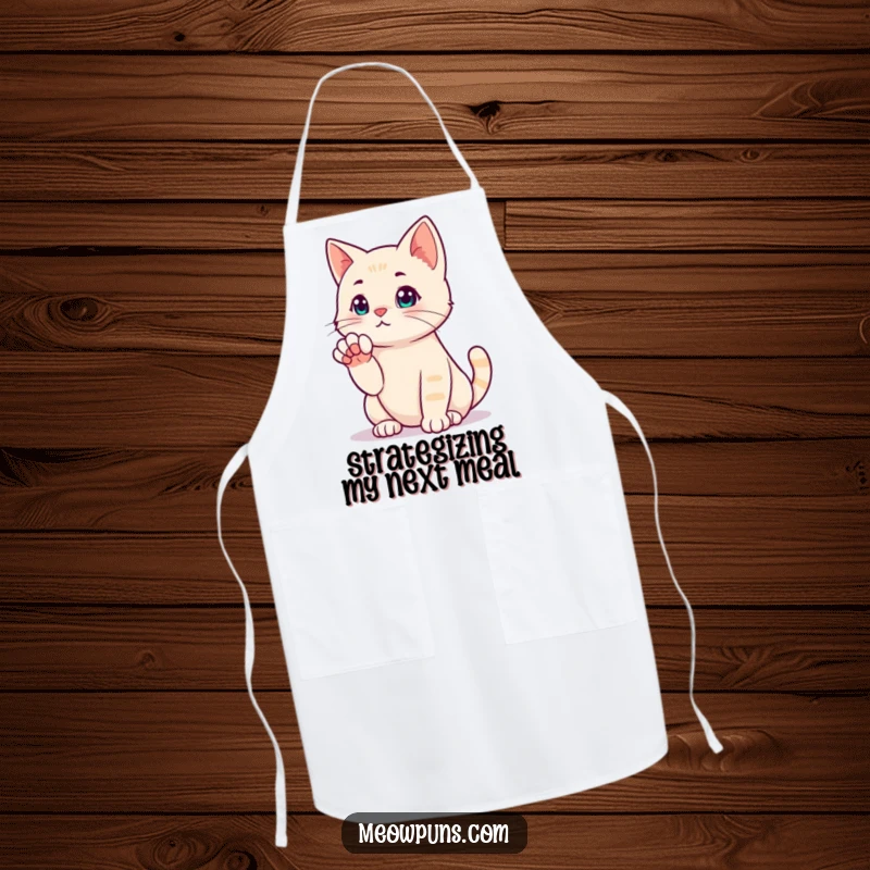 Funny apron depicting a cat in a deep thinking pose, paw raised, perfect for pondering recipes.