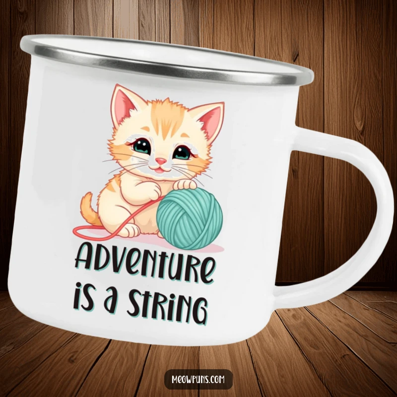 Funny camping mug featuring a kitten playing with a ball of yarn, perfect for outdoor enthusiasts and cat lovers.