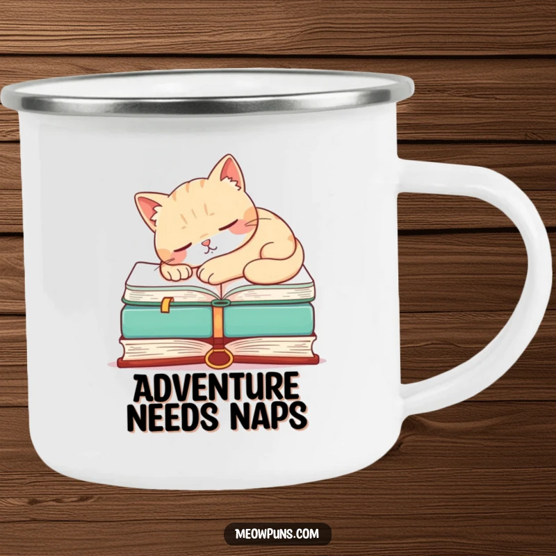 Funny camping mug showing a cat napping on a book, suitable for outdoor use and humor lovers.