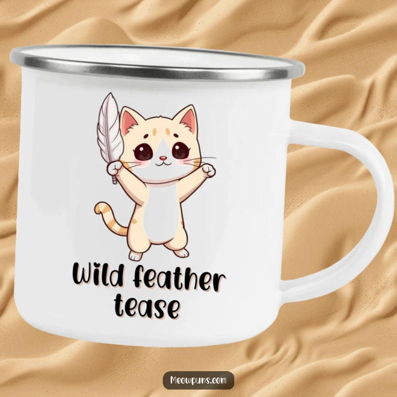 Funny Cat Camping Mug: Sturdy enamel mug featuring a graceful cat in a dramatic pose with a floating feather, perfect for outdoor drinks.