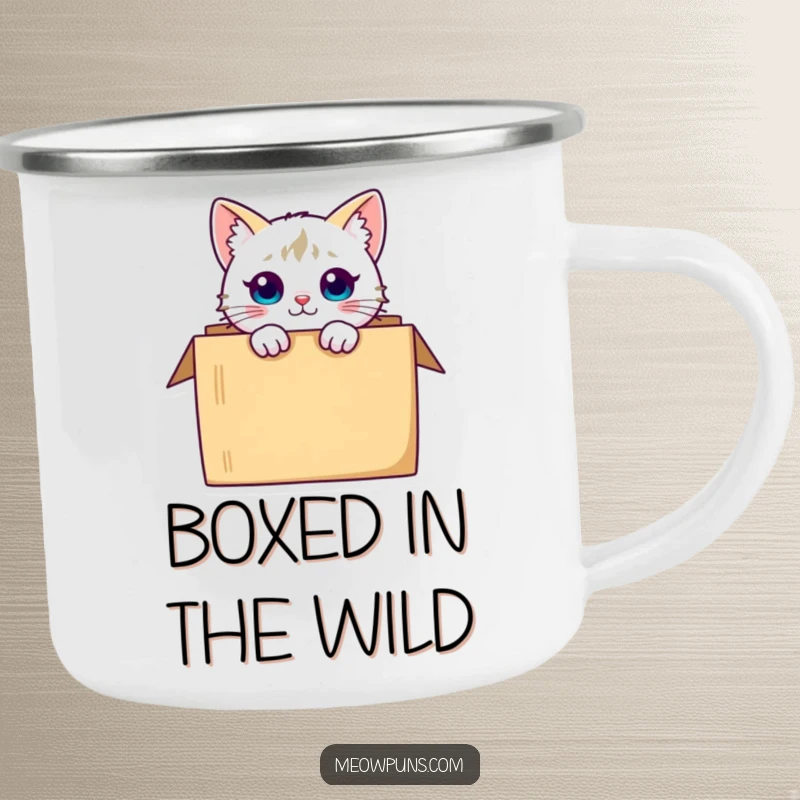 Funny curious cat character peeking from a box, designed for durability and playful fun on this camping mug.