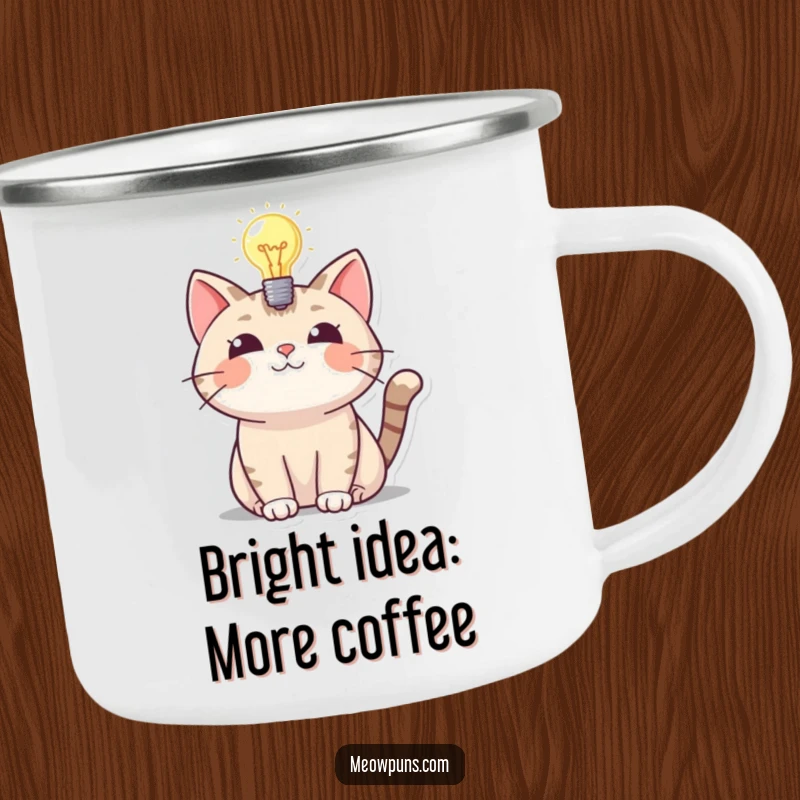 Funny camping mug with a cat and a glowing lightbulb, perfect for sparking funny thoughts outdoors.