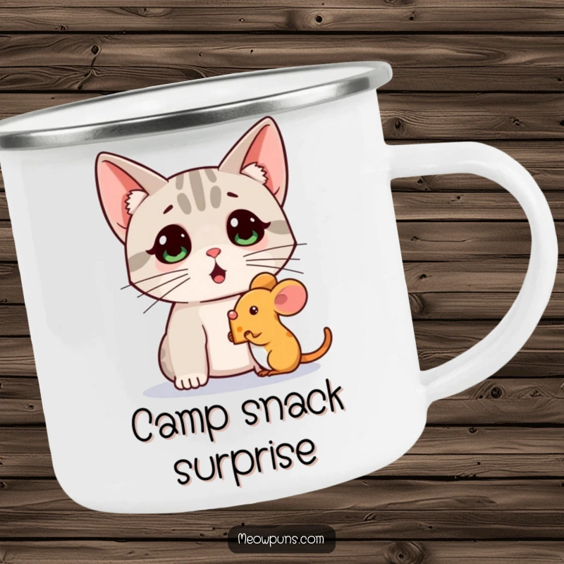 Funny camping mug with a surprised cat watching a mouse holding a tiny cheese wedge, ideal for outdoor fun and laughter.