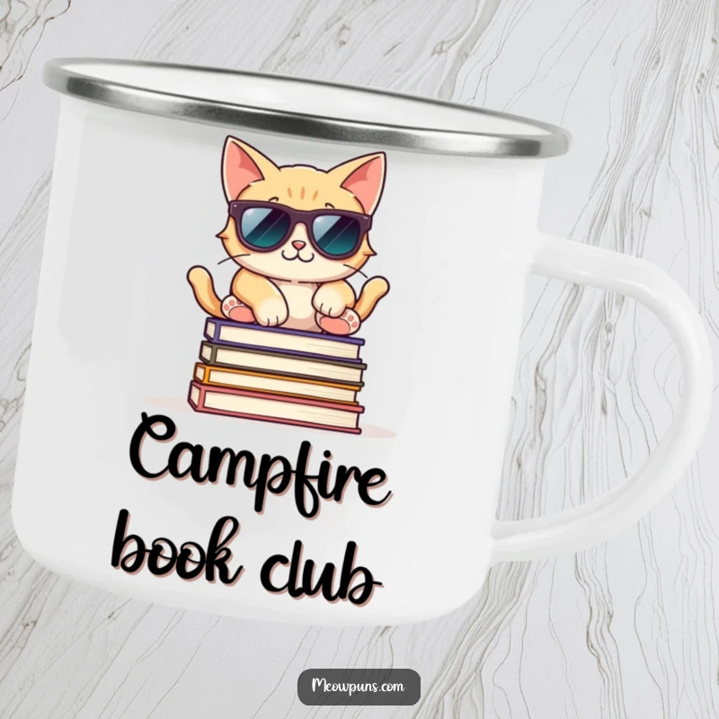 Funny camping mug with a cool cat wearing sunglasses, relaxed on books, ideal for stylish and humorous outdoor trips.