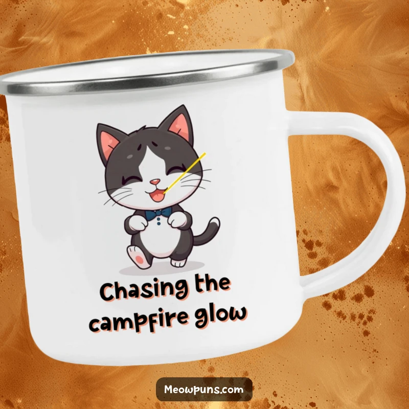 Funny Tuxedo Cat Camping Mug, a playful tuxedo cat chases a laser dot, for humorous outdoor adventures.