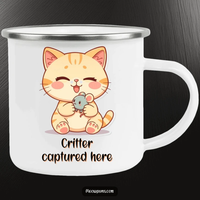 Funny cat camping mug featuring a cute cat winking while holding a tiny, rolling toy mouse, for outdoor use.