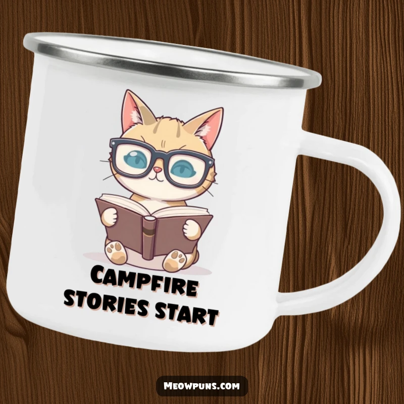 Funny cat wearing oversized glasses reading a book on a camping mug, perfect for outdoor reading enthusiasts.