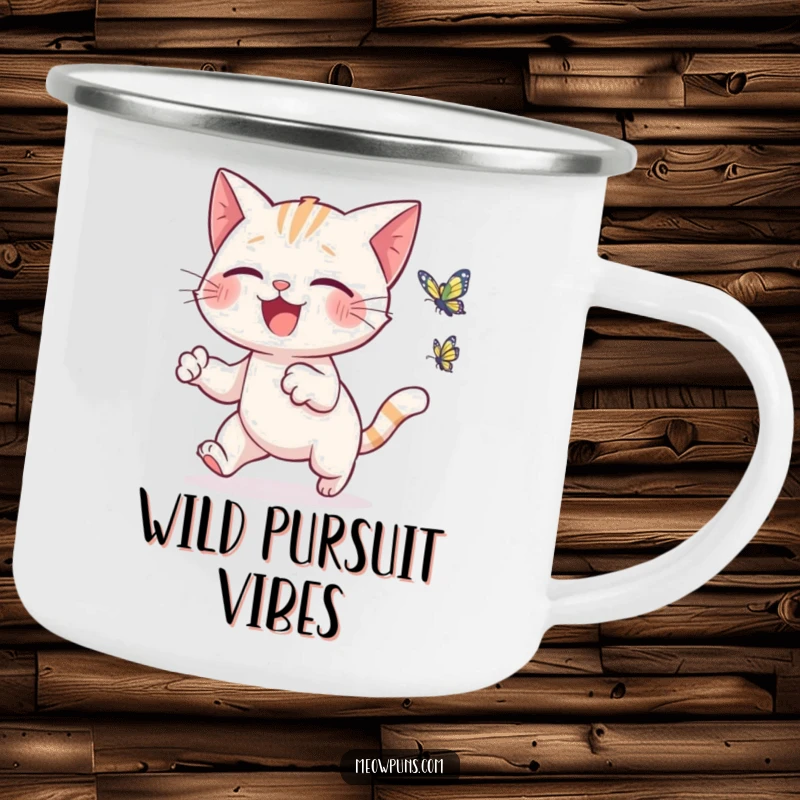Funny cat camping mug featuring a cute cat joyfully chasing a tiny, animated butterfly, ideal for outdoor beverages.