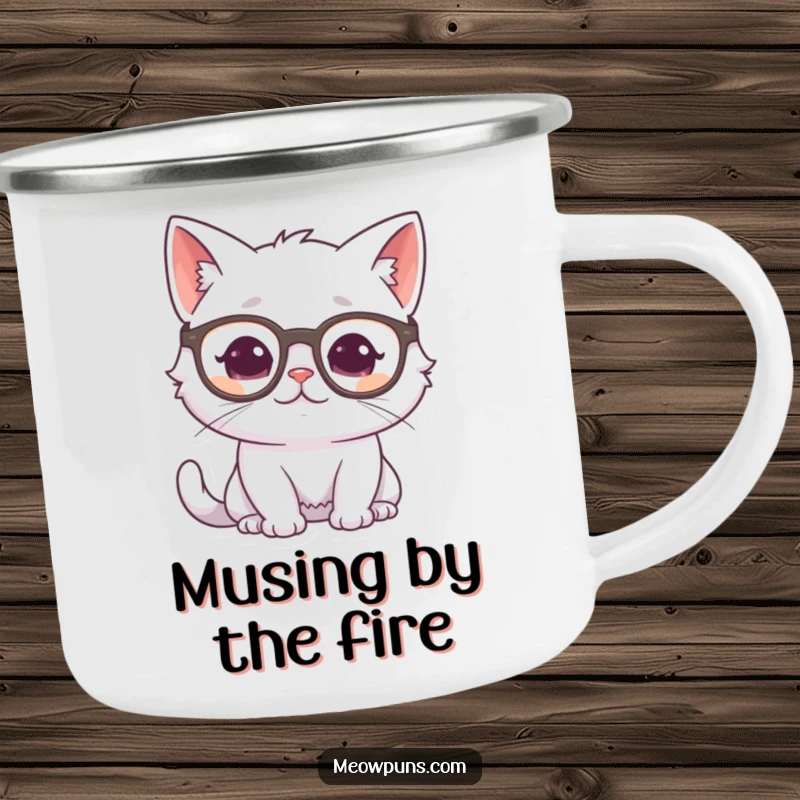 Funny white cat wearing glasses and looking thoughtful, on a vintage-style enamel camping mug, for contemplative outdoor trips.