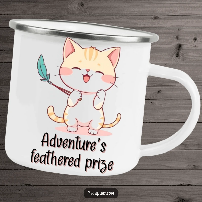 Funny camping mug featuring a cute cat character enthusiastically playing with a feather wand, ready for outdoor adventures.