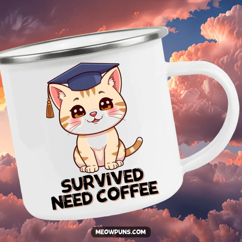 Funny camping mug with a cat in a graduation cap throwing it up, symbolizing celebration and fun outdoors.