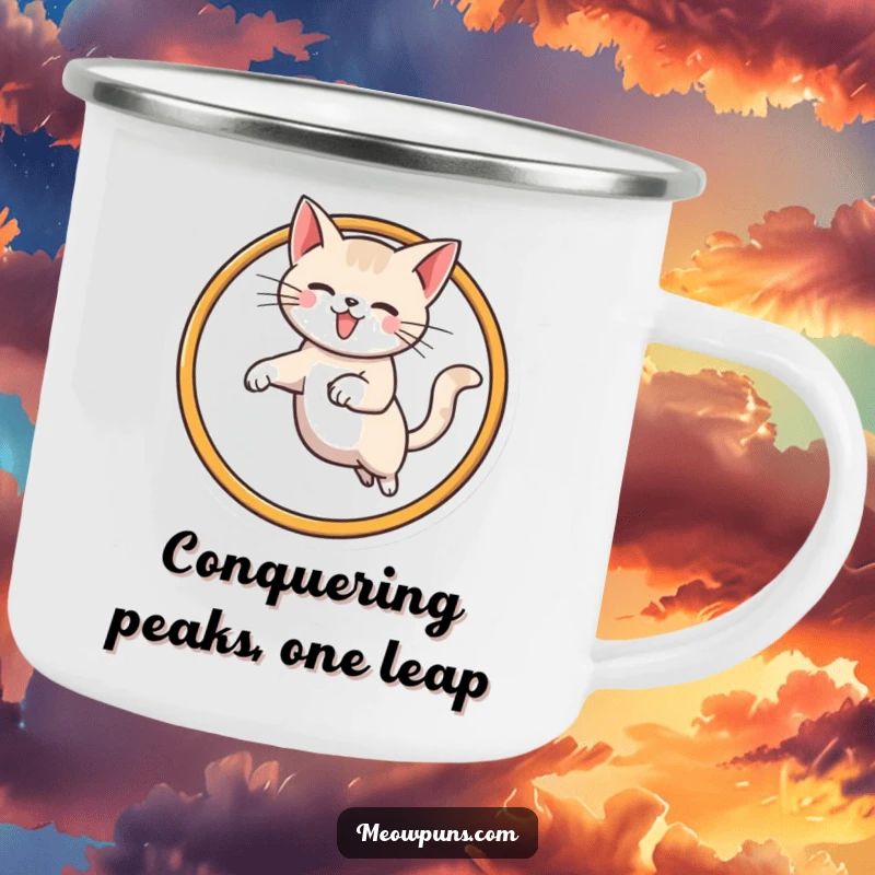 Funny cat camping mug featuring a cat jumping through an M-shaped hoop, perfect for enjoying drinks during outdoor activities.