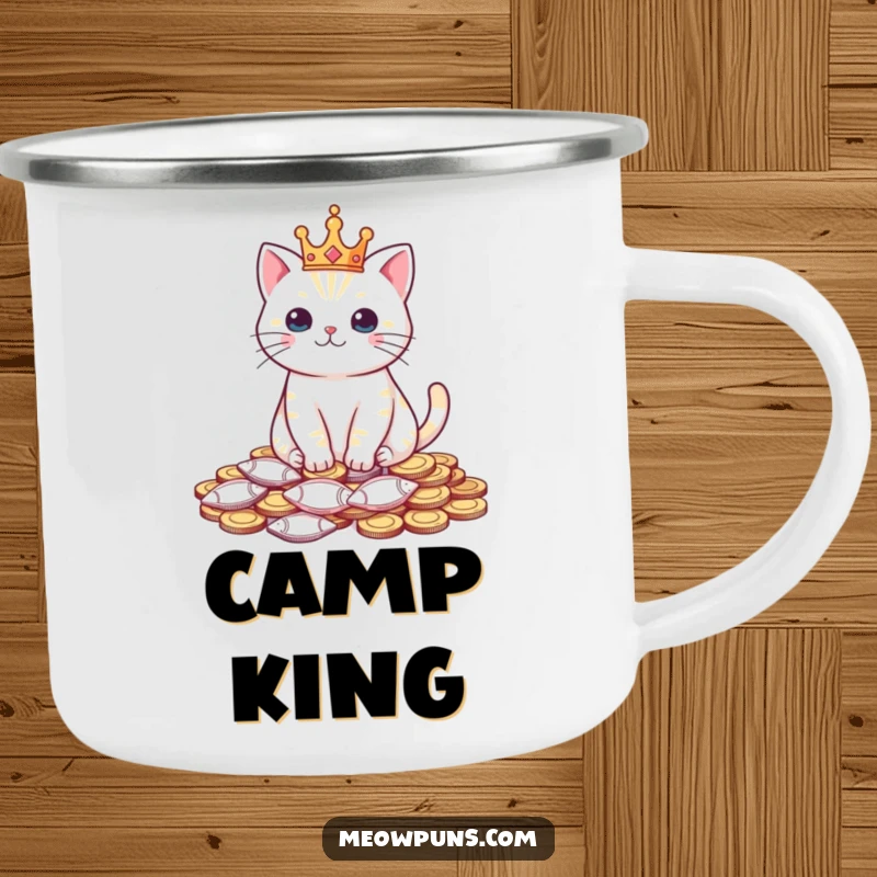 Funny camping mug showcasing a cat wearing a tiny crown and sitting on fish-shaped coins, perfect for royal adventurers.