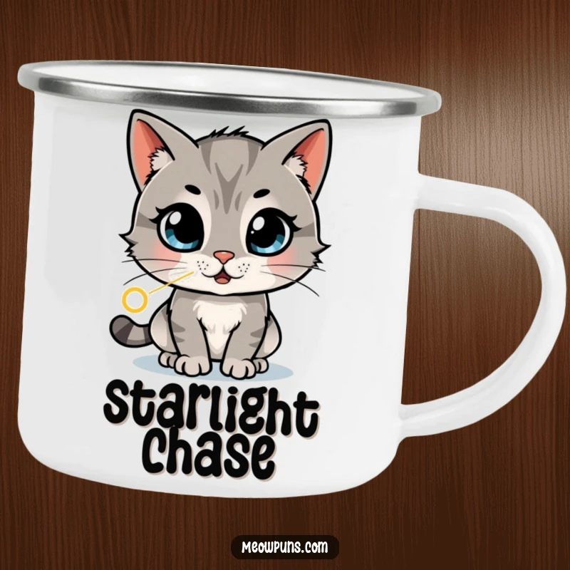 Funny camping mug with a cat with wide, amazed eyes chasing a laser dot in a dizzying pattern, perfect for outdoor fun.
