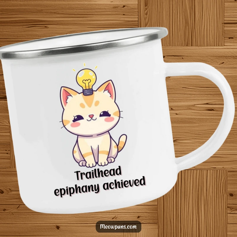 Funny enamel camping mug showing a cat with a lightbulb, perfect for enjoying drinks outdoors with a touch of humor.