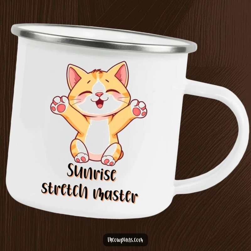 Funny Cat Stretching Camping Mug, with a cute cat stretching its paws up, ideal for outdoor adventures and morning coffee.