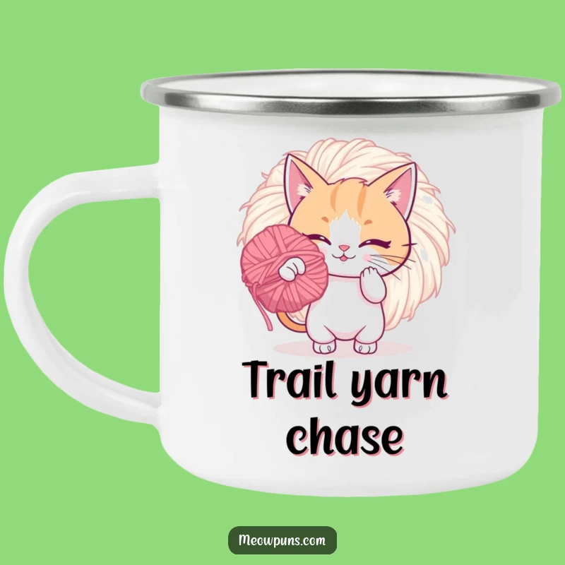 Funny Cat Yarn Pom Camping Mug: Playful Adventures with Yarn Fun!