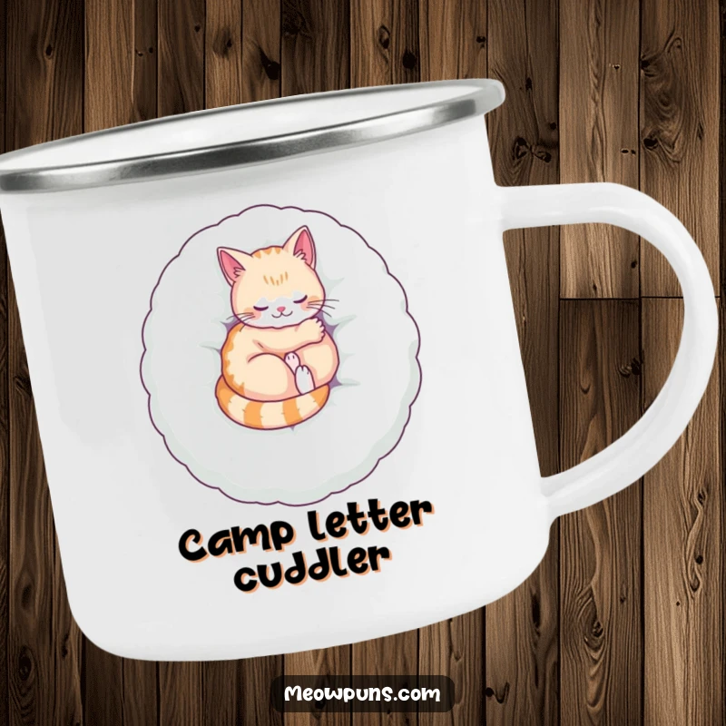 Funny camping mug with a cat purring on a plush letter, bringing humorous feline comfort to outdoor adventures.