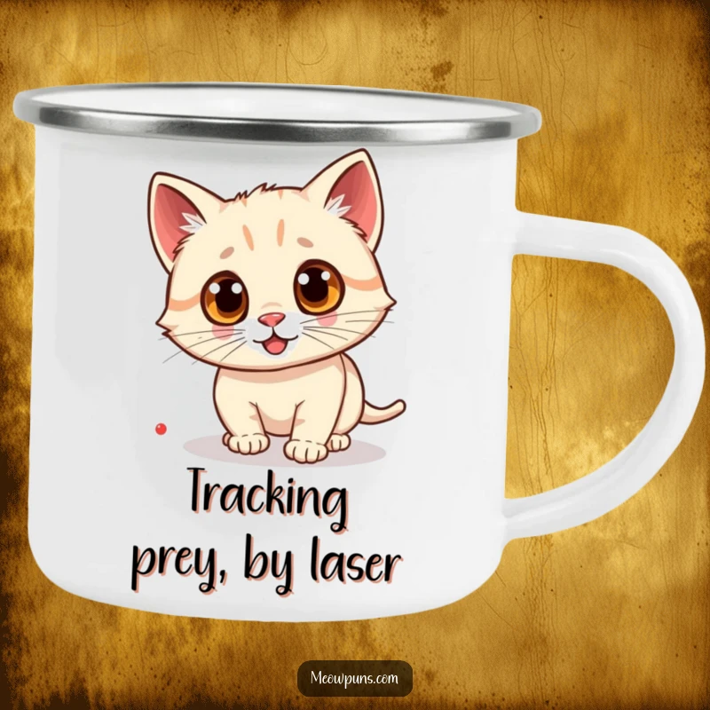 Funny cat camping mug with large googly eyes, showing a cat chasing a laser dot, perfect for enjoying drinks outdoors.