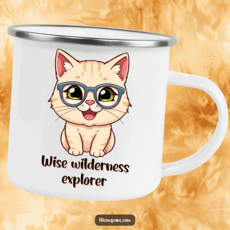 Funny camping mug showing a happy cat wearing spectacles, great for outdoor use and intellectual humor.