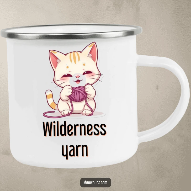 Funny camping mug showing a mischievous cat playing with yarn, perfect for outdoor enthusiasts who appreciate humor and their feline friends.