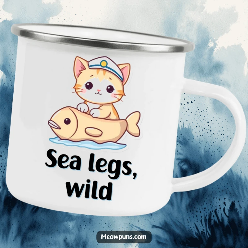 Funny camping mug with a cat in a sailor hat sailing a fish-shaped boat, bringing humorous nautical themes to outdoor adventures.