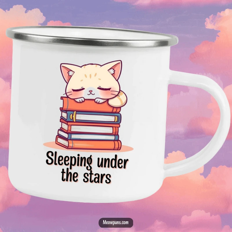 Funny camping mug featuring a sleepy cat character napping on books, designed for outdoor enthusiasts who love literature and humor.