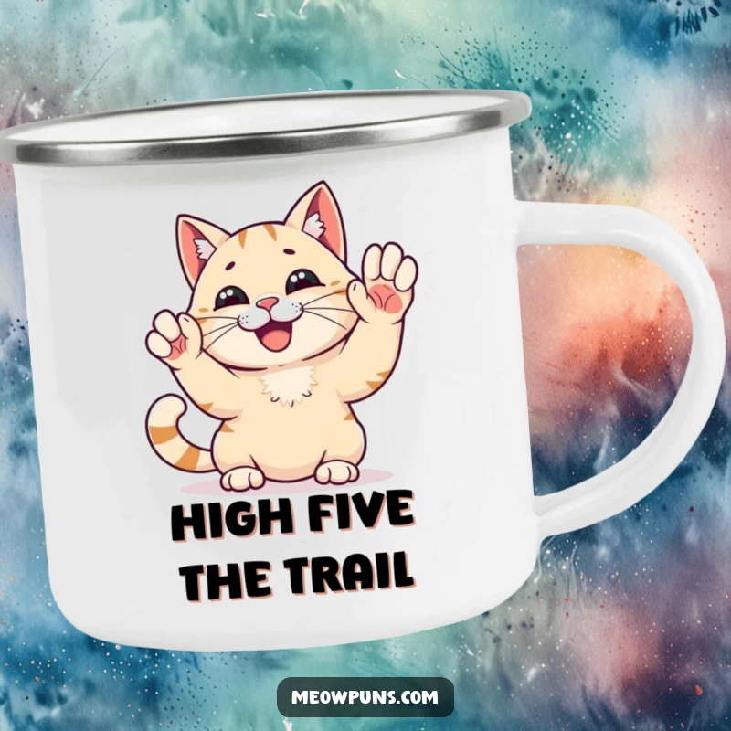 Funny High Five Cat Camping Mug: A cat gives a high five, perfect for outdoor celebration humor.
